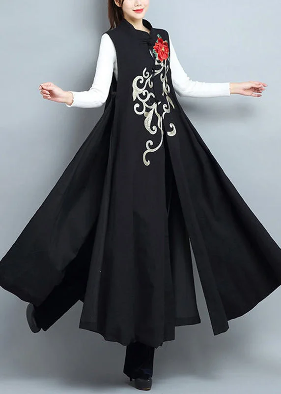 Chic Black Embroideried Side Open Patchwork Cotton Long Waistcoat Sleeveless