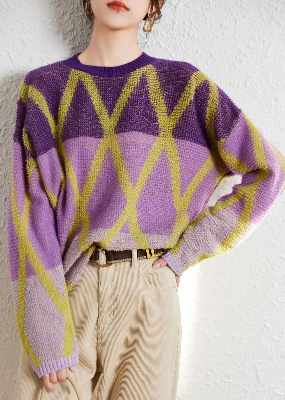 Art Purple O-Neck Plaid Patchwork Wool Knit Sweaters Long Sleeve