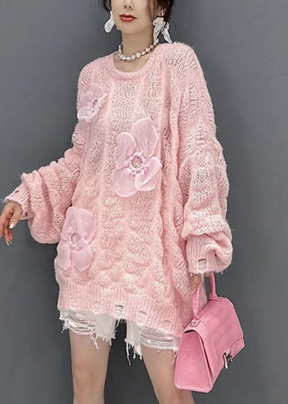 Beautiful Pink Oversized Hollow Out Applique Knit Sweater Tops