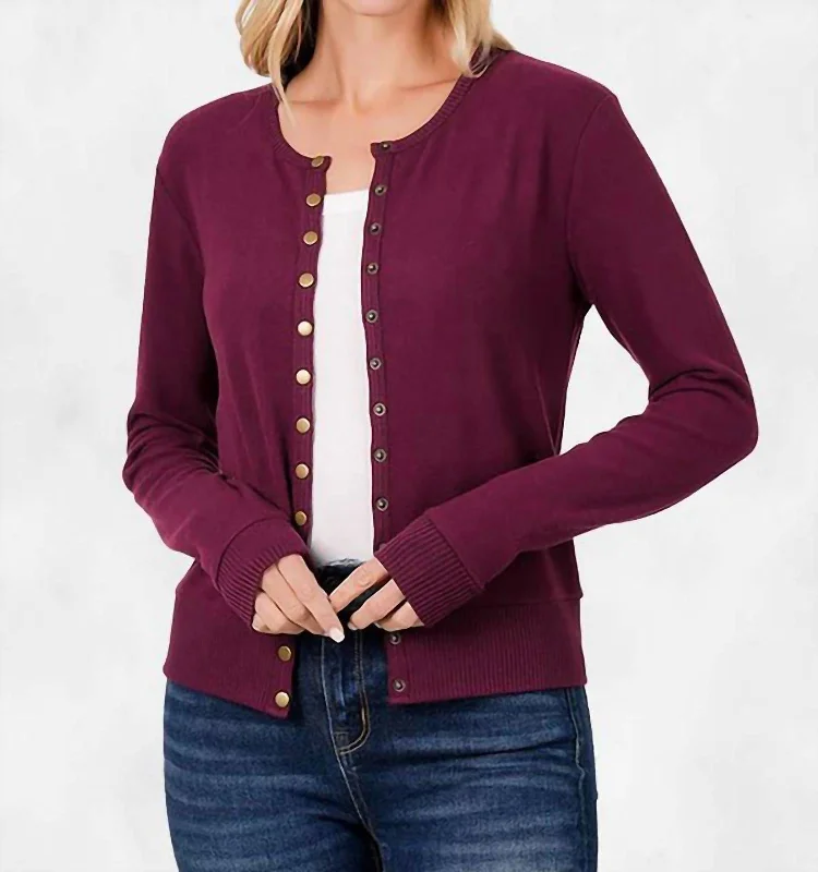 Briana Crew Neck Snap Button Cardigan In Dark Burgundy