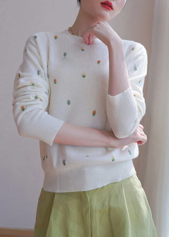 French White O Neck Embroideried Knit Sweater Fall