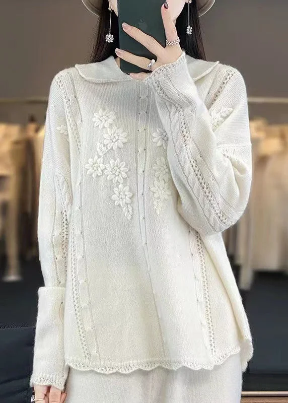 Loose White Hollow Out Patchwork Cozy Wool Sweaters Fall