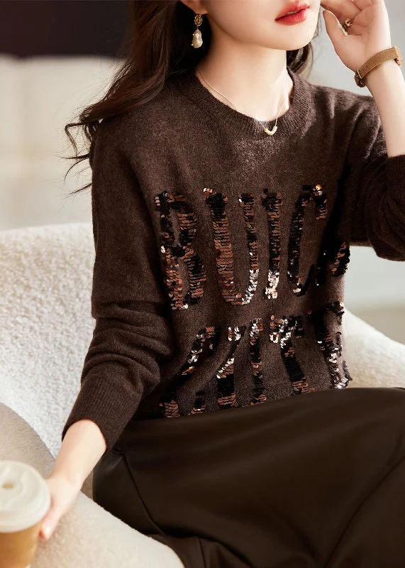 Natural Chocolate O-Neck Sequins Cozy Cotton Knit Sweaters Long Sleeve