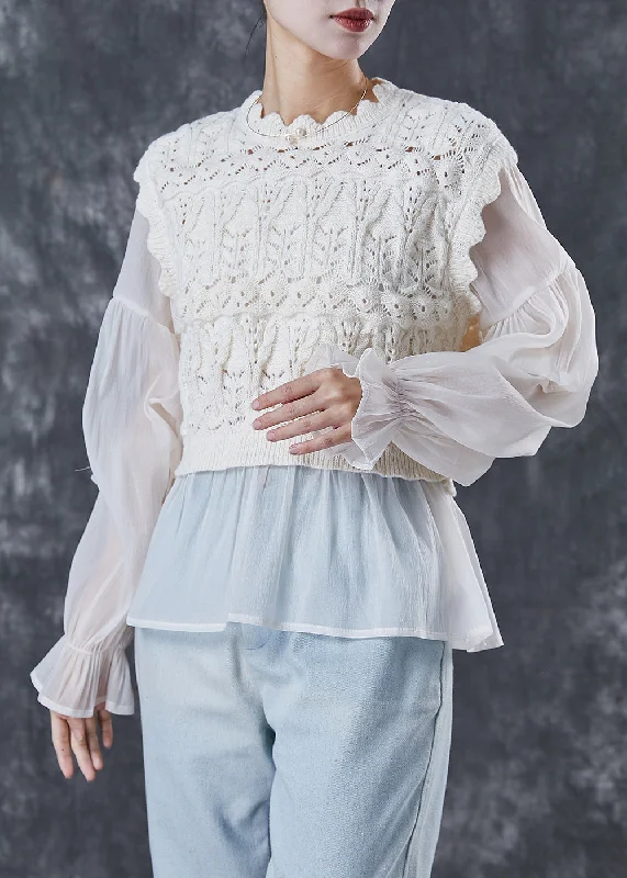 Women Apricot Patchwork Knit Tops Lantern Sleeve