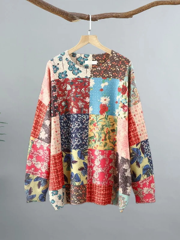 Women Ethnic Flower Patch Spliced O-Neck Sweater