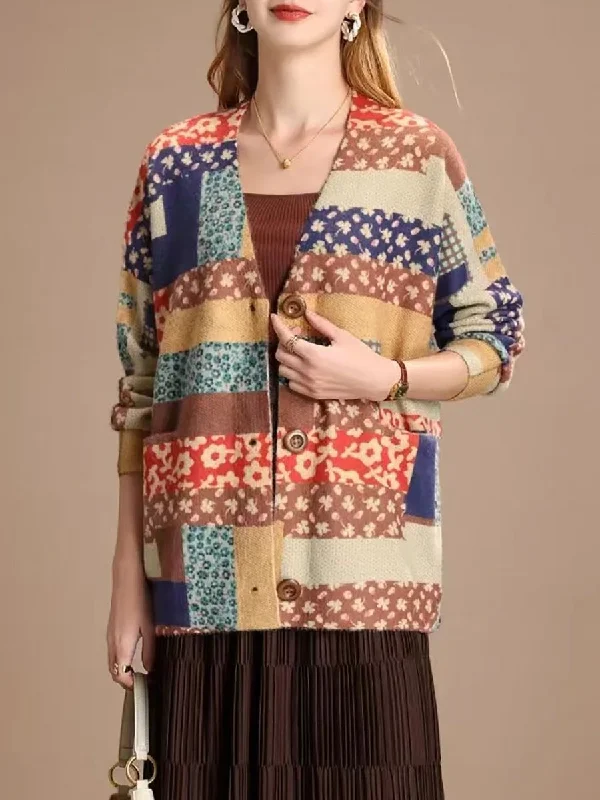 Women Flower Patch Spliced Winter Cardigan Sweater