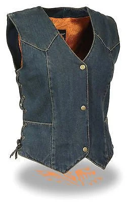 MOTORCYCLE CLASSIC LADIES BLUE DENIM VEST W/3 SNAP BUTTONS & SIDE LACES NEW