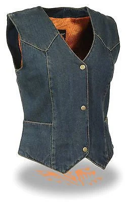 MOTORCYCLE CLASSIC LADIES DENIM OPEN NECK VEST W/3 SNAP BUTTONS