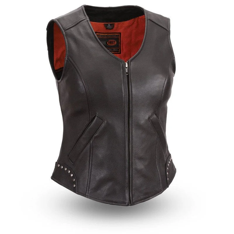 Motorcycle riding ladies front zipper leather vest with rivet detailing on back