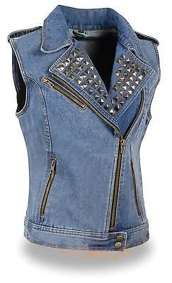 MOTORCYCLE LADIES BLUE SEXY ZIPPER DENIM VEST W/STUDDED SPIKES W/2 GUN POCKETS