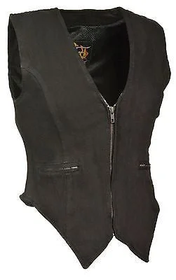 MOTORCYCLE WOMEN'S BLK DENIM ZIPPER VEST W/SIDE STRETCH SINGLE PANEL BACK