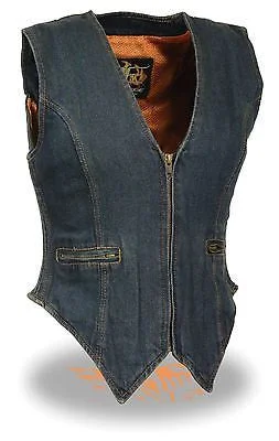 MOTORCYCLE WOMEN'S BLUE DENIM ZIPPER VEST W/SIDE STRETCH SINGLE PANEL BACK