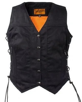 WOMEN'S MOTORCYCLE BLACK 7 POCKET DENIM VEST WITH SIDE LACES