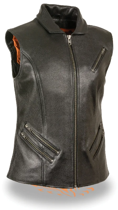 Women's Motorcycle Extra Long zipper leather vest w/2 Gun pockets