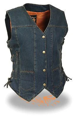 WOMEN'S MOTORCYCLE BLUE 6 POCKET TEXTILE VEST WITH SIDE LACES TWO GUN POCKETS