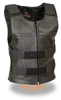 WOMEN'S MOTORCYCLE BULLETPROOF ZIPPER FRONT REPLICA BUFFALO LEATHER VEST BLACK