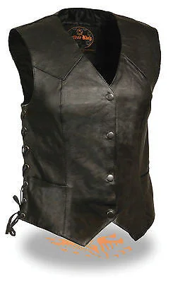 WOMEN'S MOTORCYCLE CLASSIC BIKER VEST W/4 SNAP BUTTONS & SIDE LACES 2 GUN POCKET