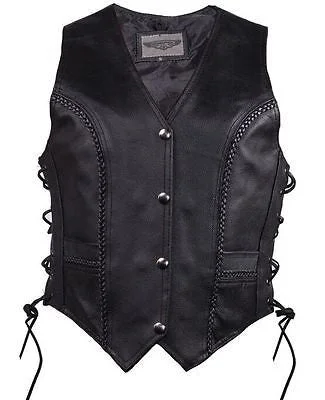 WOMEN'S MOTORCYCLE CLASSIC BRAIDED BIKER VEST WITH LACES & 2 GUN POCKETS INSIDE