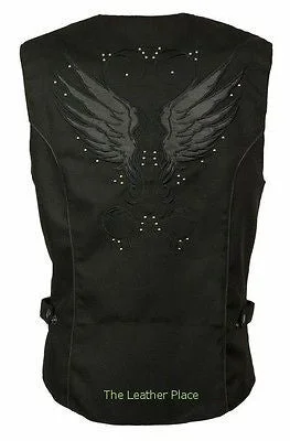 WOMEN'S MOTORCYCLE RIDING BLACK TEXTILE VEST W/ STUD & WINGS DETAILING