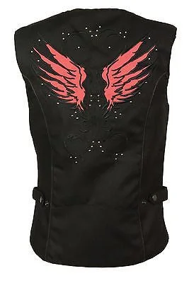 WOMEN'S MOTORCYCLE RIDING RED TEXTILE VEST W/ STUD & WINGS DETAILING REFLECTIVE