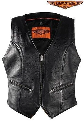 Motorcycle women's biker blk leather front zipper vest with 2 Gun pockets