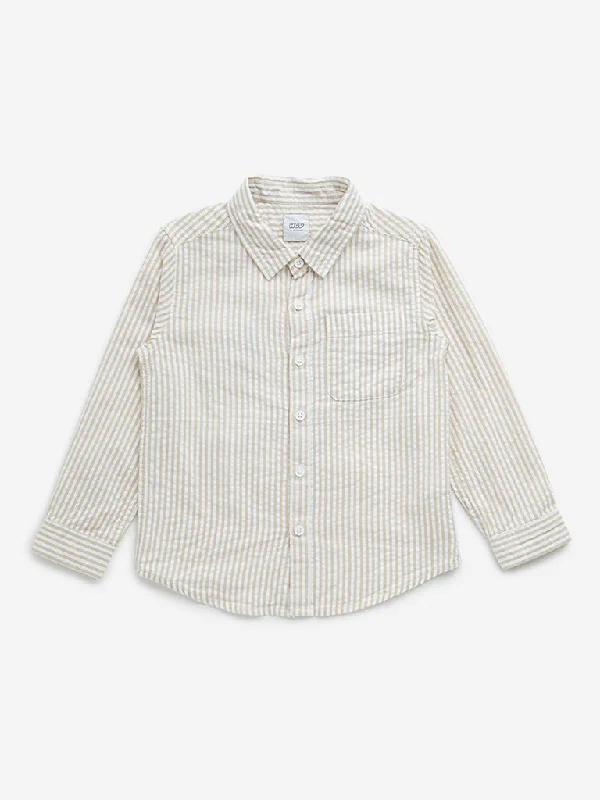 HOP Kids Beige Striped Seersucker Cotton Shirt