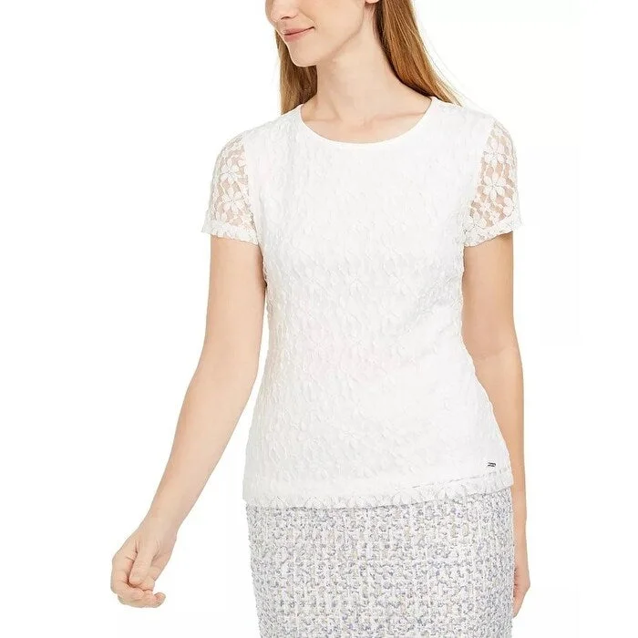 Calvin Klein Women's Short Sleeve Lace Top White Size Medium