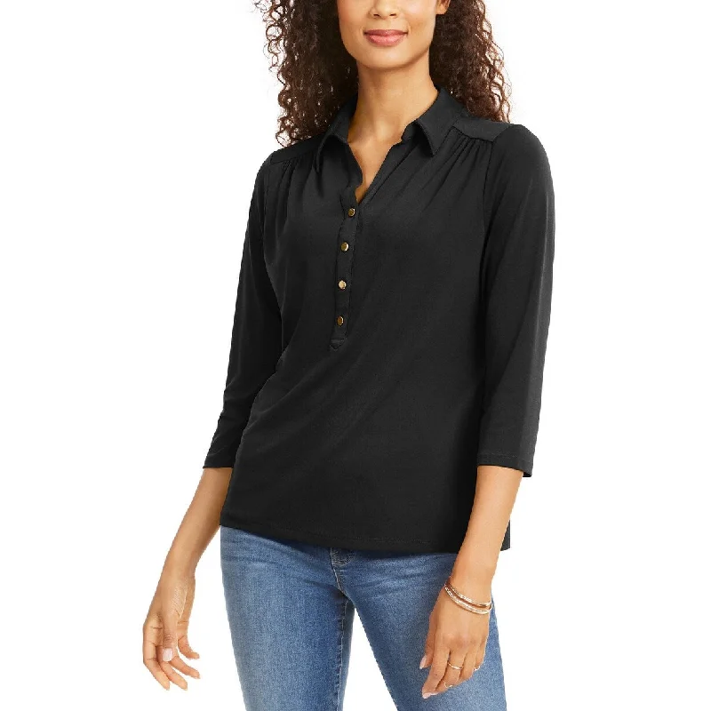 Charter Club Women's Knit Polo Shirt Black Size X-Large