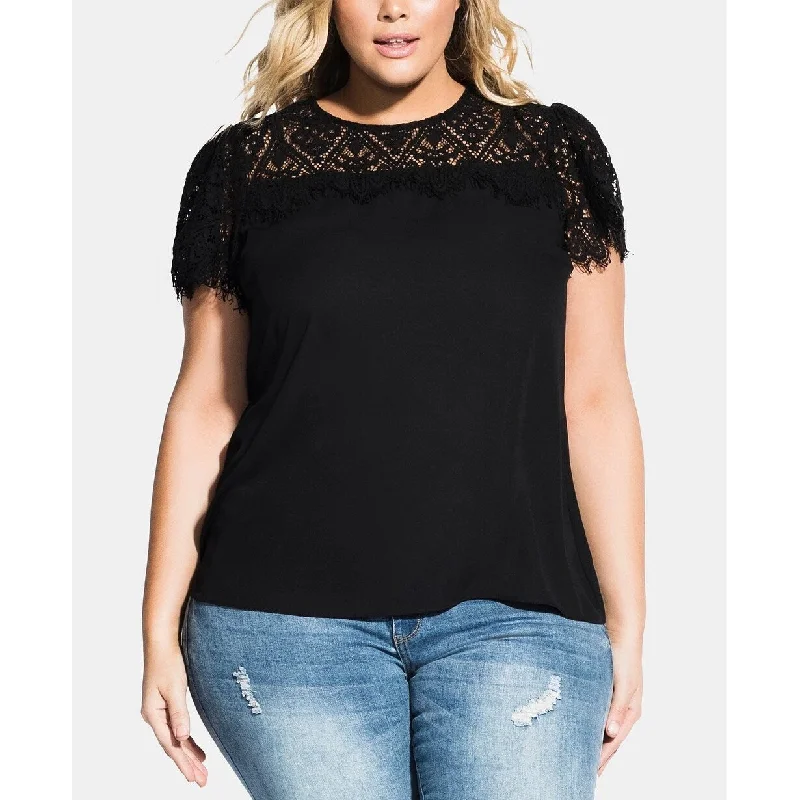 City Chic Women's Victorian Lace Short Sleeve Top Black Black Size 18W