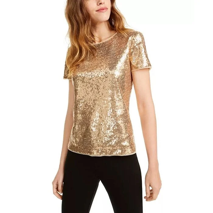 Maison Jules Women's Short Sleeve Sequined Top Gold Size Small