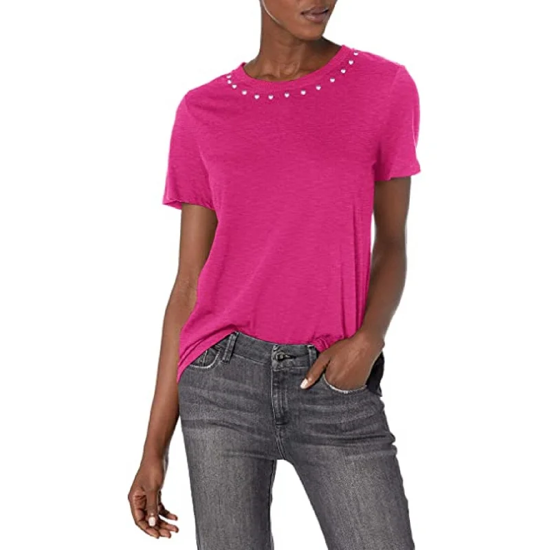 Vince Camuto Women's Short Sleeve Studded Crew Neck Tee Pink Size XS