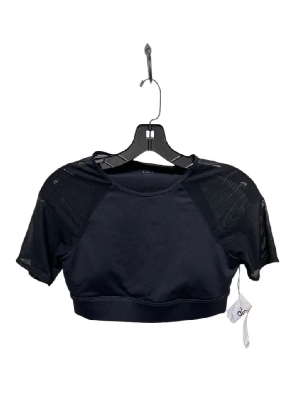 Alo Yoga Size M Black Nylon Side Zip Mesh Sleeves Short Sleeve Crop Top