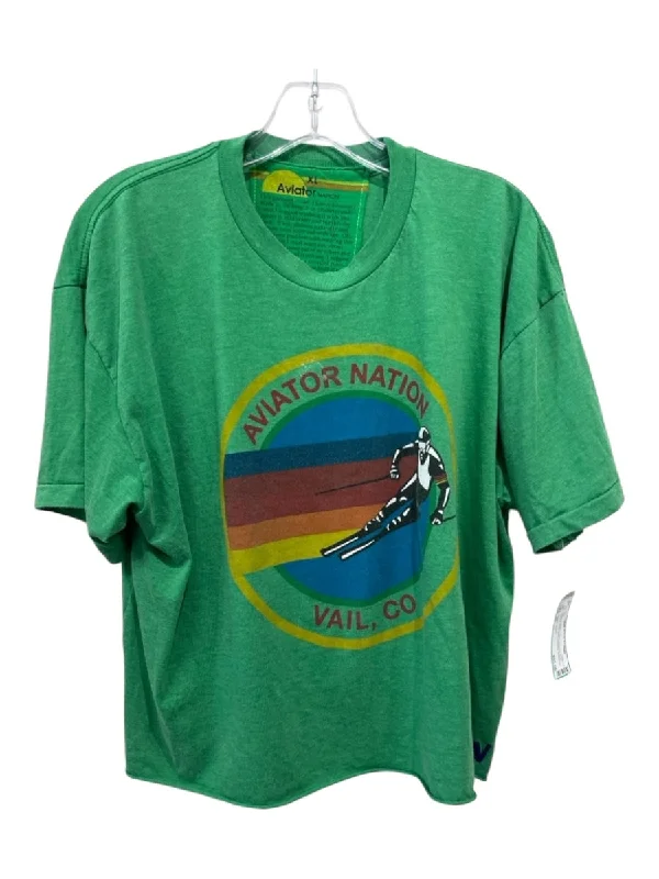 Aviator Nation Size XL Green & Multi Cotton Cropped Short Sleeve Crew Neck Top