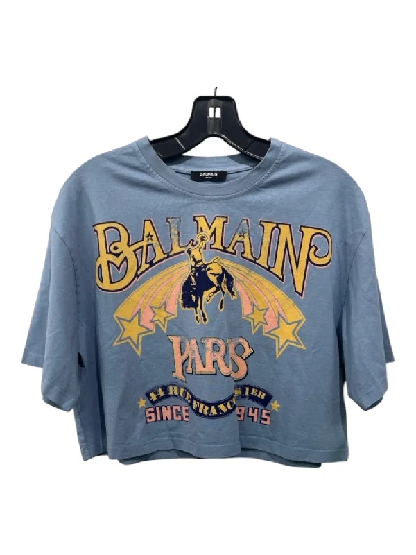 Balmain Size XS Light Blue Cotton Crew Neck T Shirt Crop Top