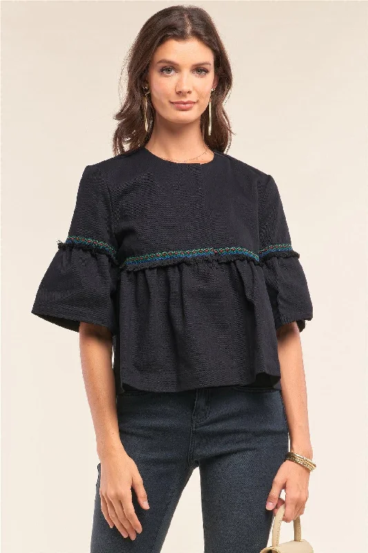 Embroidery Shredded Trim Bell Sleeve Cropped Top