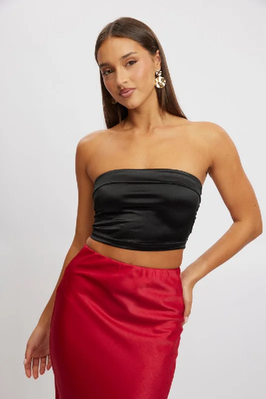 Black Satin Crop Top Strapless