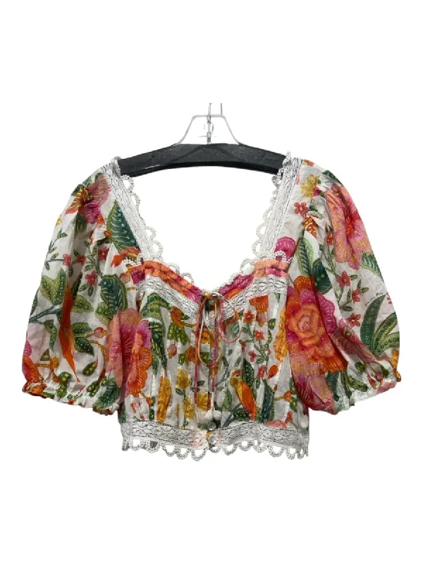 Farm Rio Size L White, Pink, Yellow Cotton Crop Floral Button Top