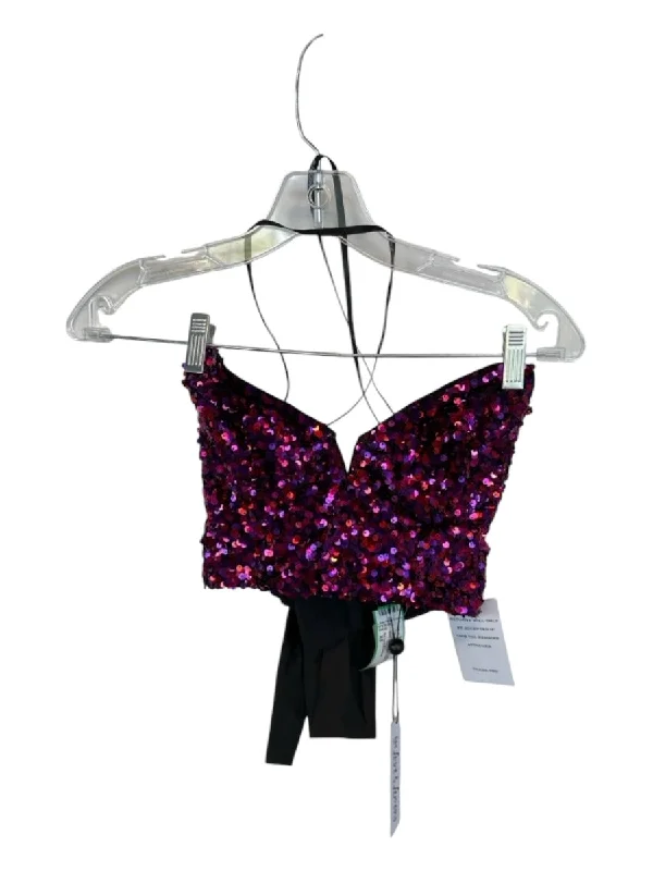 For Love & Lemons Size XS Black & Purple Sequin Corset Back Tie Cropped Top