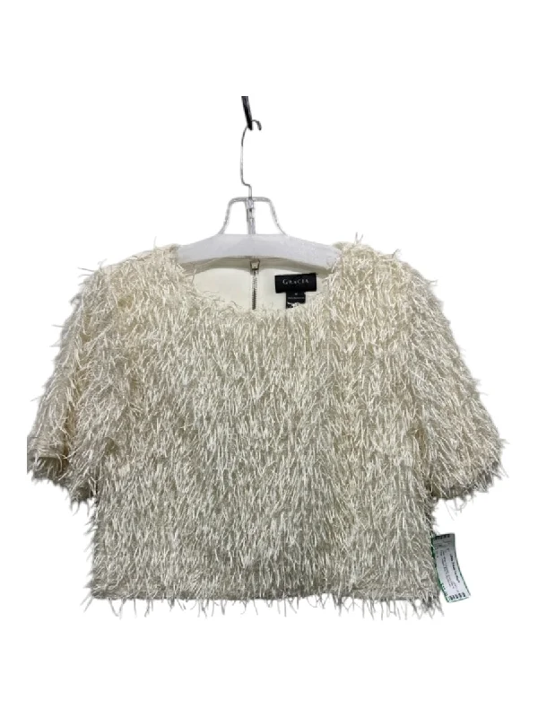 Gracia Size Medium Cream White Polyester Short Sleeve Fringe Cropped Box Fit Top