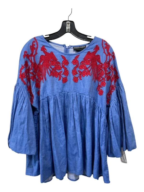 Hemant & Nandita Size M Blue & Red Cotton Embroidered Back Zip Micropleats Top