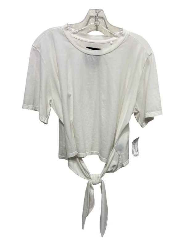 Le Superbe Size L White Cotton Round Neck Crop Draped short sleeve Top