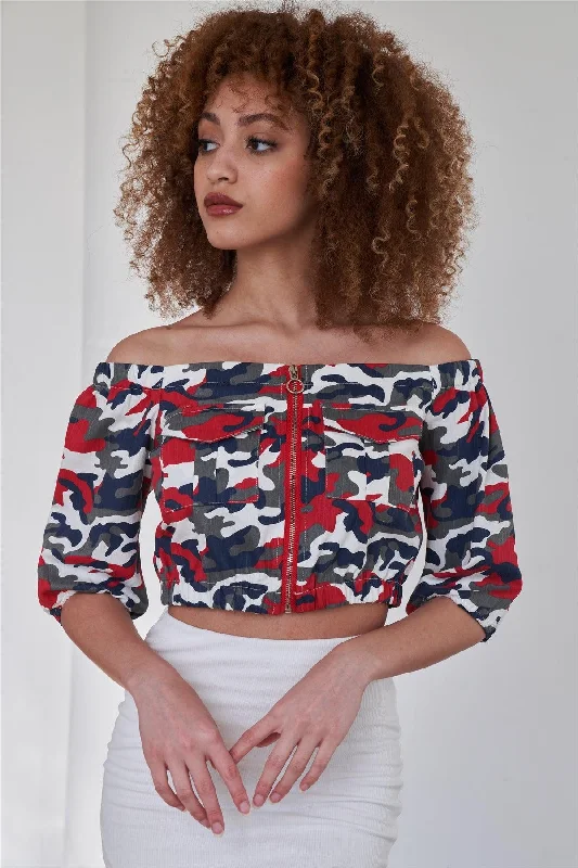 Navy Red Camo Print Off The Shoulder Cargo Crop Top