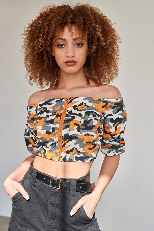 Orange Camo Print Off The Shoulder Cargo Crop Top