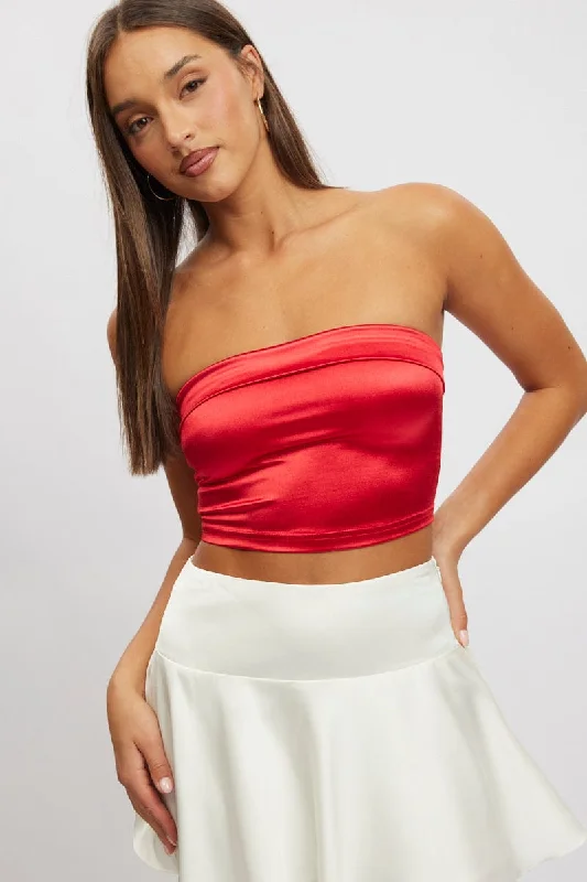 Red Satin Crop Top Strapless