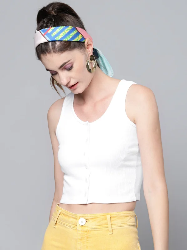 White Front Button Sleeveless Rib Crop Top