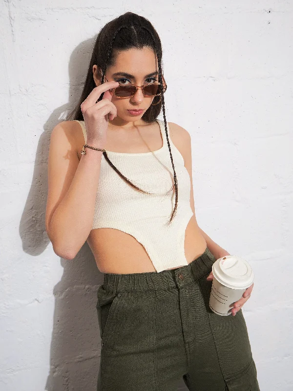 Women Off-White Rib High Low Hem Crop Top