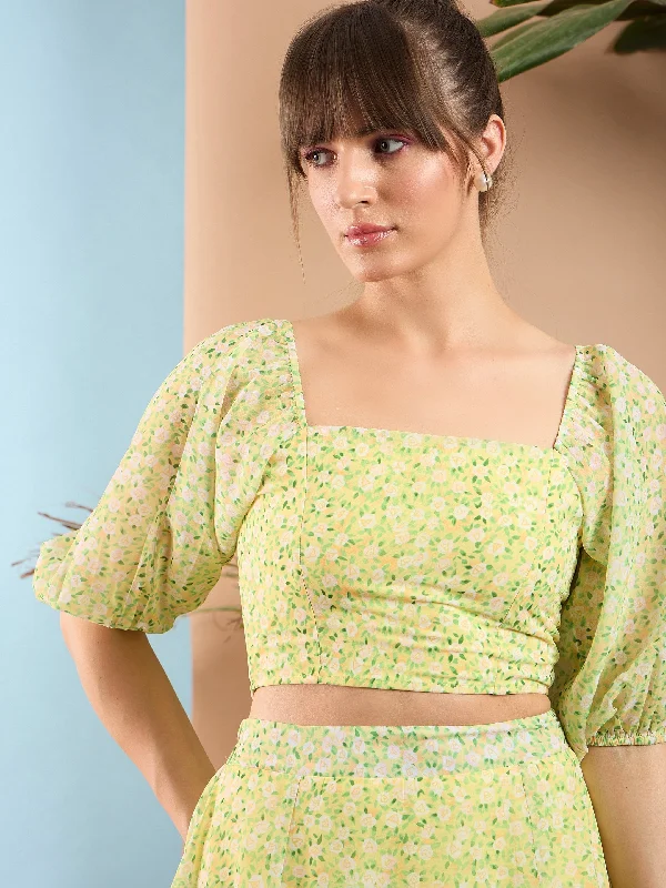 Women Lime Yellow Ditsy Floral Puff Sleeves Crop Top