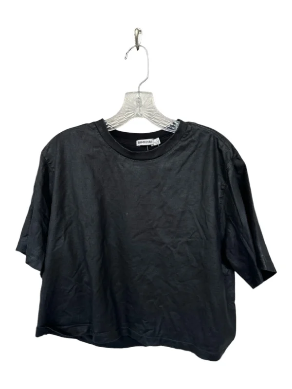 Simkhai Size L Black Cotton Blend Short Sleeve Crew Neck Shimmer Cropped Top