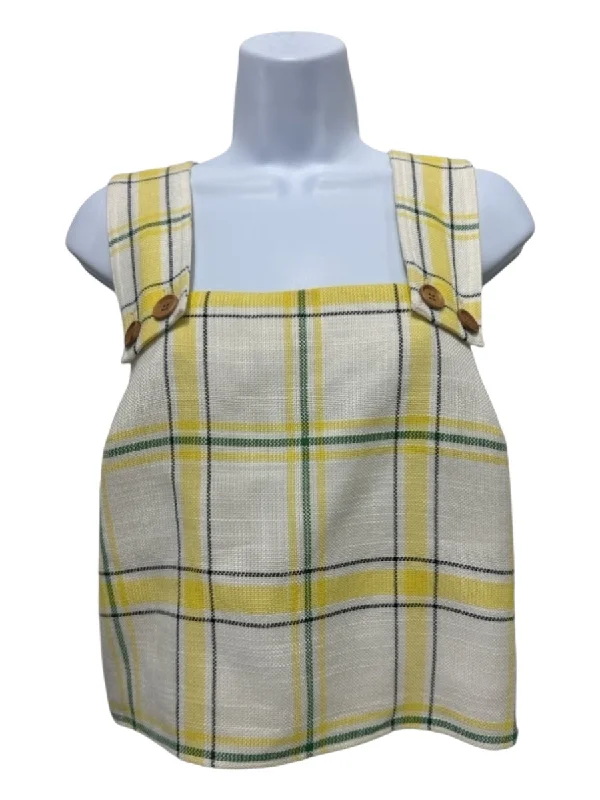 Veronica Beard Size XS White & yellow Viscose Plaid Crop Square Neck Top