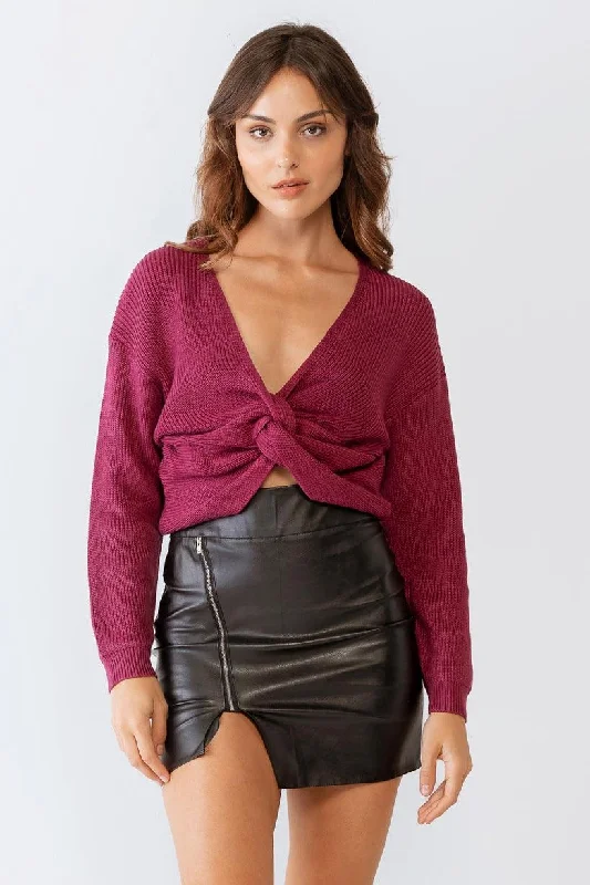 Berry Twisted Detail Long Sleeve Crop Knit Top /3-2-1